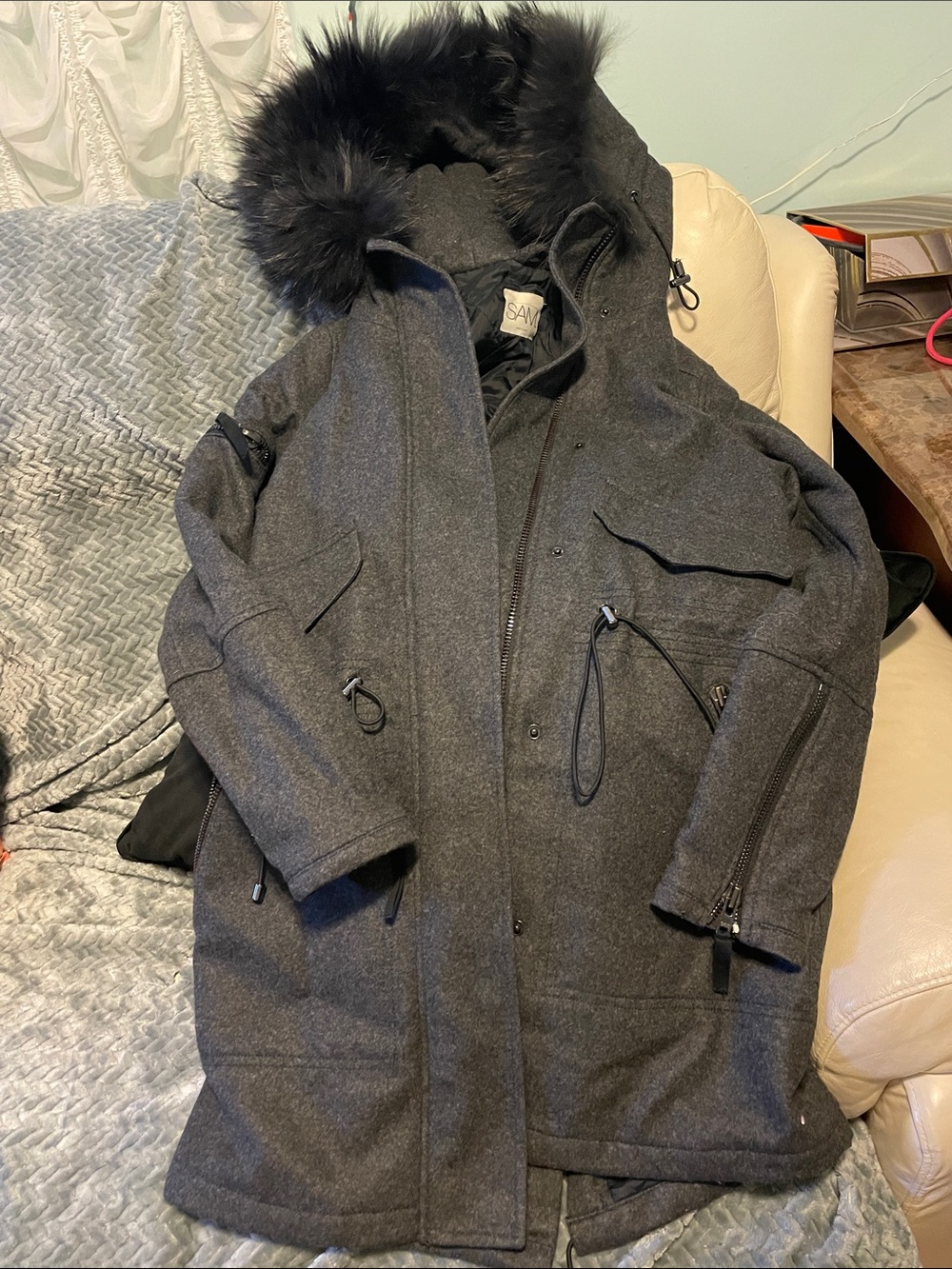 SAM. Dark Gray Wool-Blend Trench Coat with Faux Fur Hood